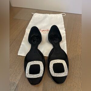 Roger Vivier Black Satin Flats with Crystal Buckles